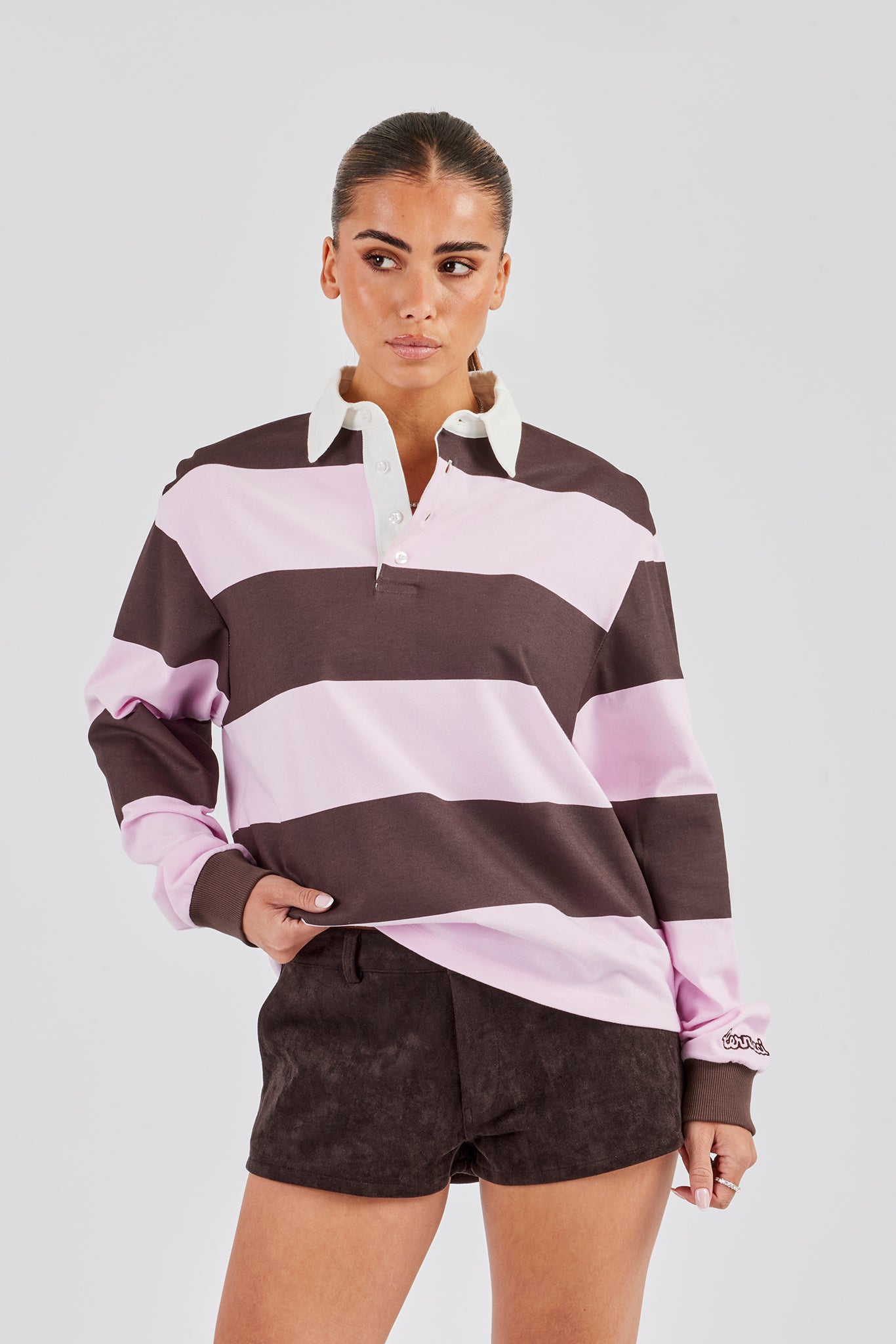 Womens Striped Rugby Polo Top - Pink