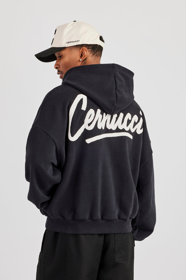 Cernucci Script Boxy Zip Through Hoodie – Schwarz