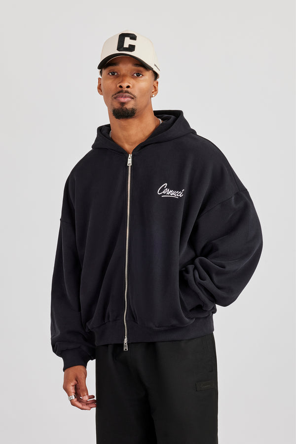 Cernucci Script Boxy Zip Through Hoodie – Schwarz