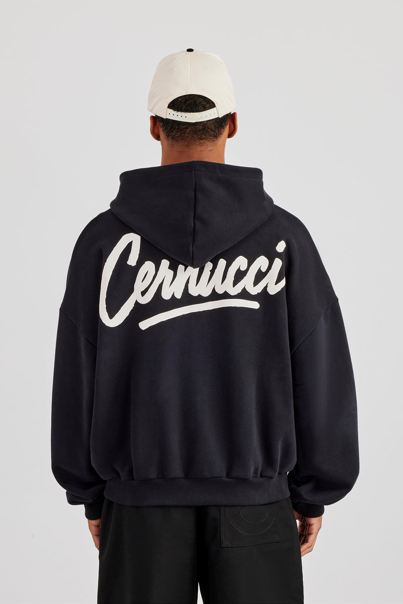 Cernucci Script Boxy Zip Through Hoodie – Schwarz