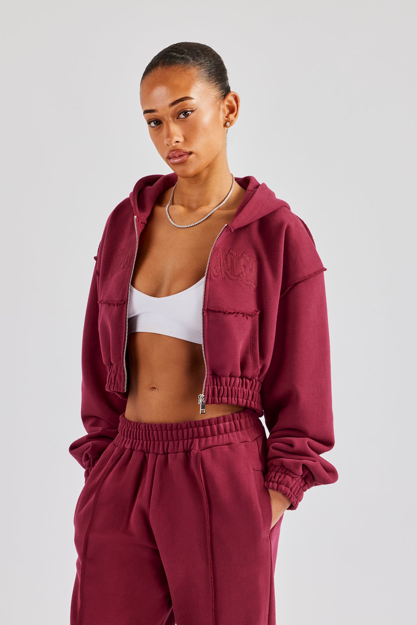 Cropped Exposed Seam Zip Through Hoodie - Cherry Red | Womens