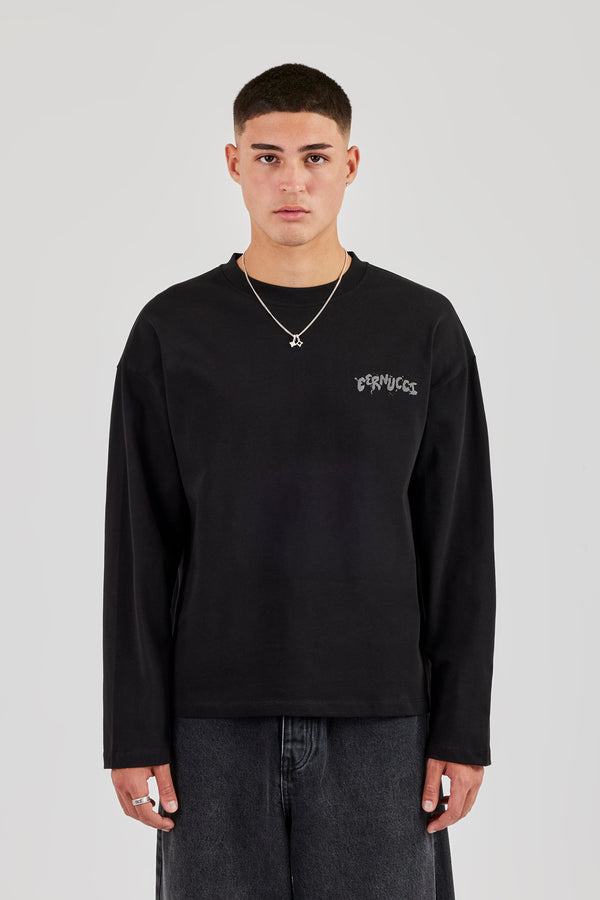 Long Sleeve Back Puff Print T-Shirt - Black