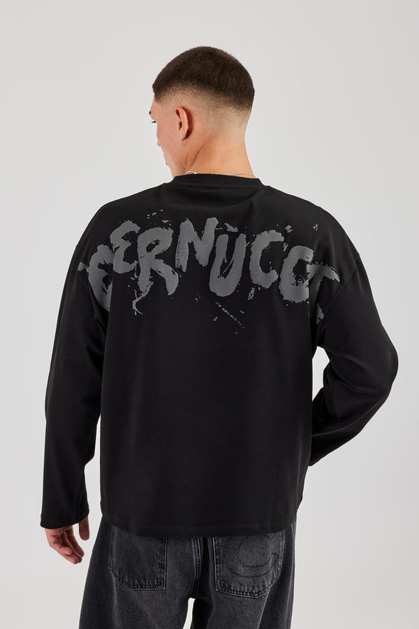 Long Sleeve Back Puff Print T-Shirt - Black
