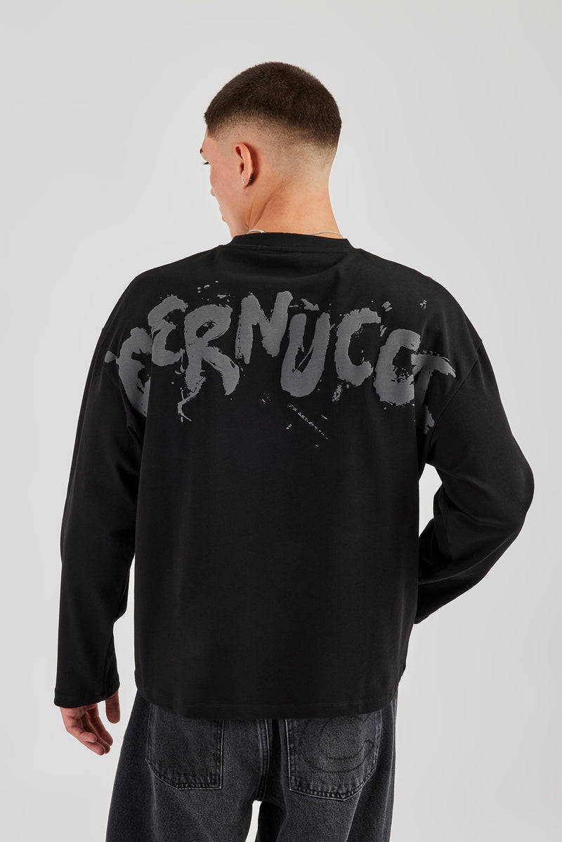 Long Sleeve Back Puff Print T-Shirt - Black