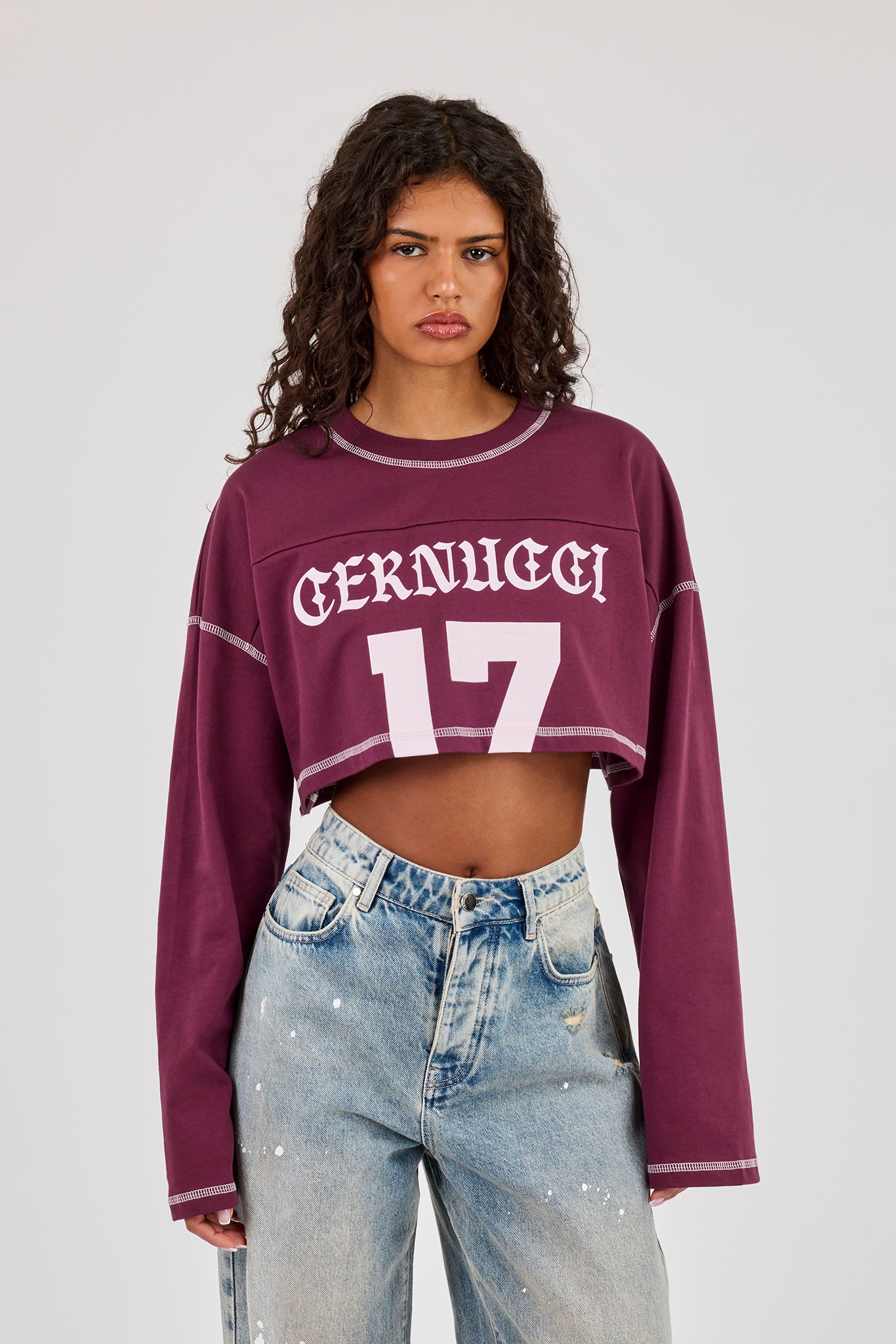 Cropped Long Sleeve Cernucci 17 T-Shirt - Burgundy