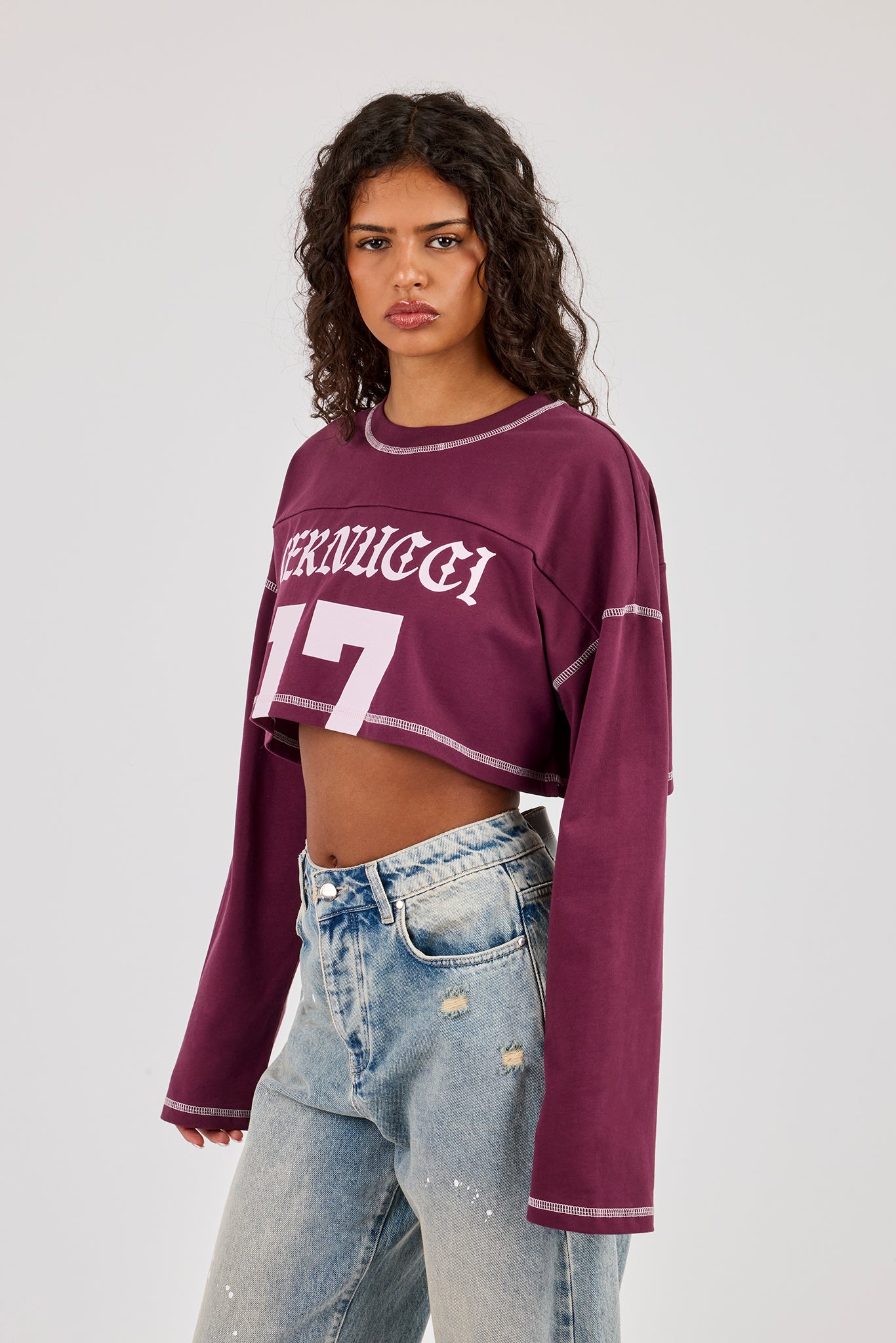 Cropped Long Sleeve Cernucci 17 T-Shirt - Burgundy