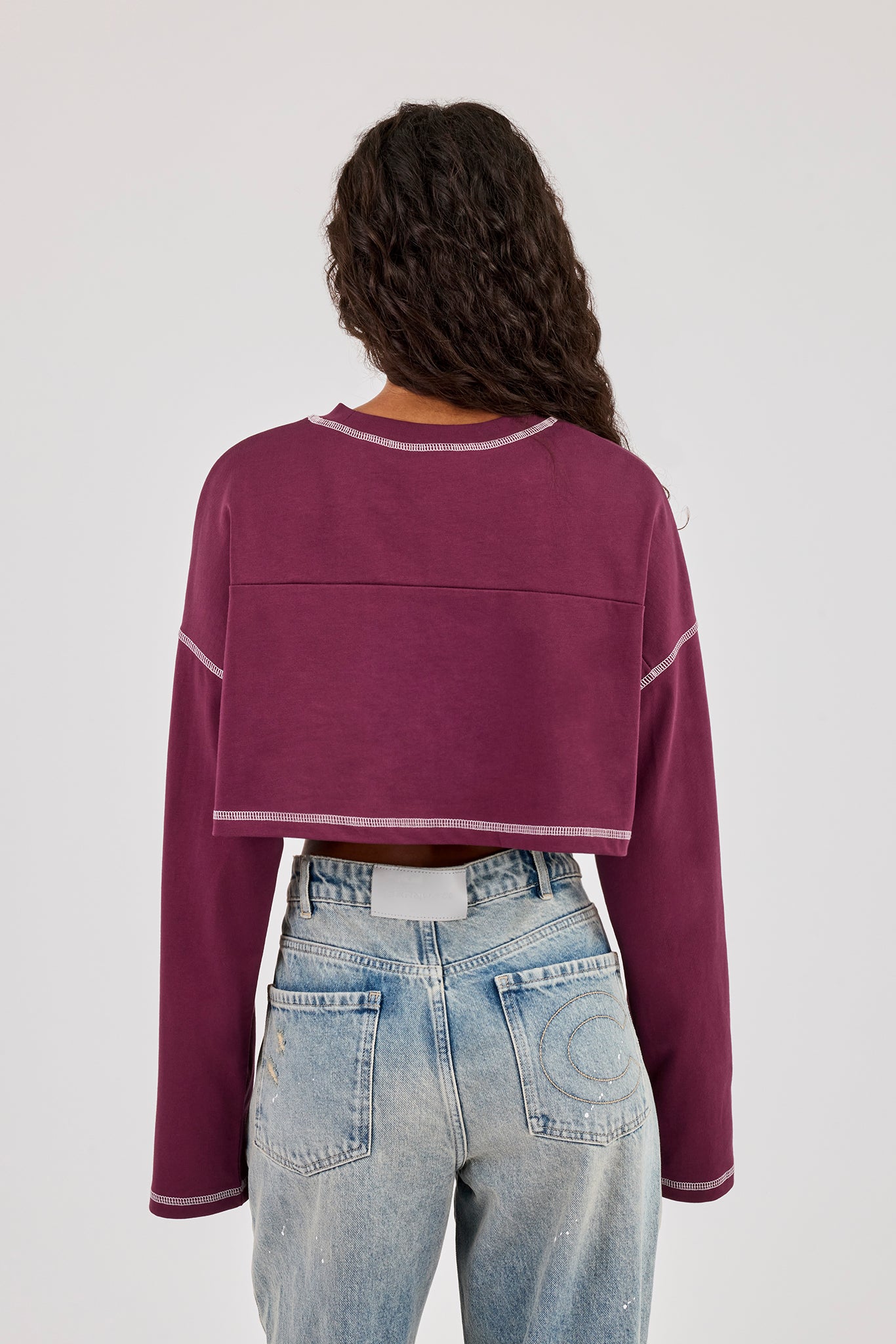 Cropped Long Sleeve Cernucci 17 T-Shirt - Burgundy