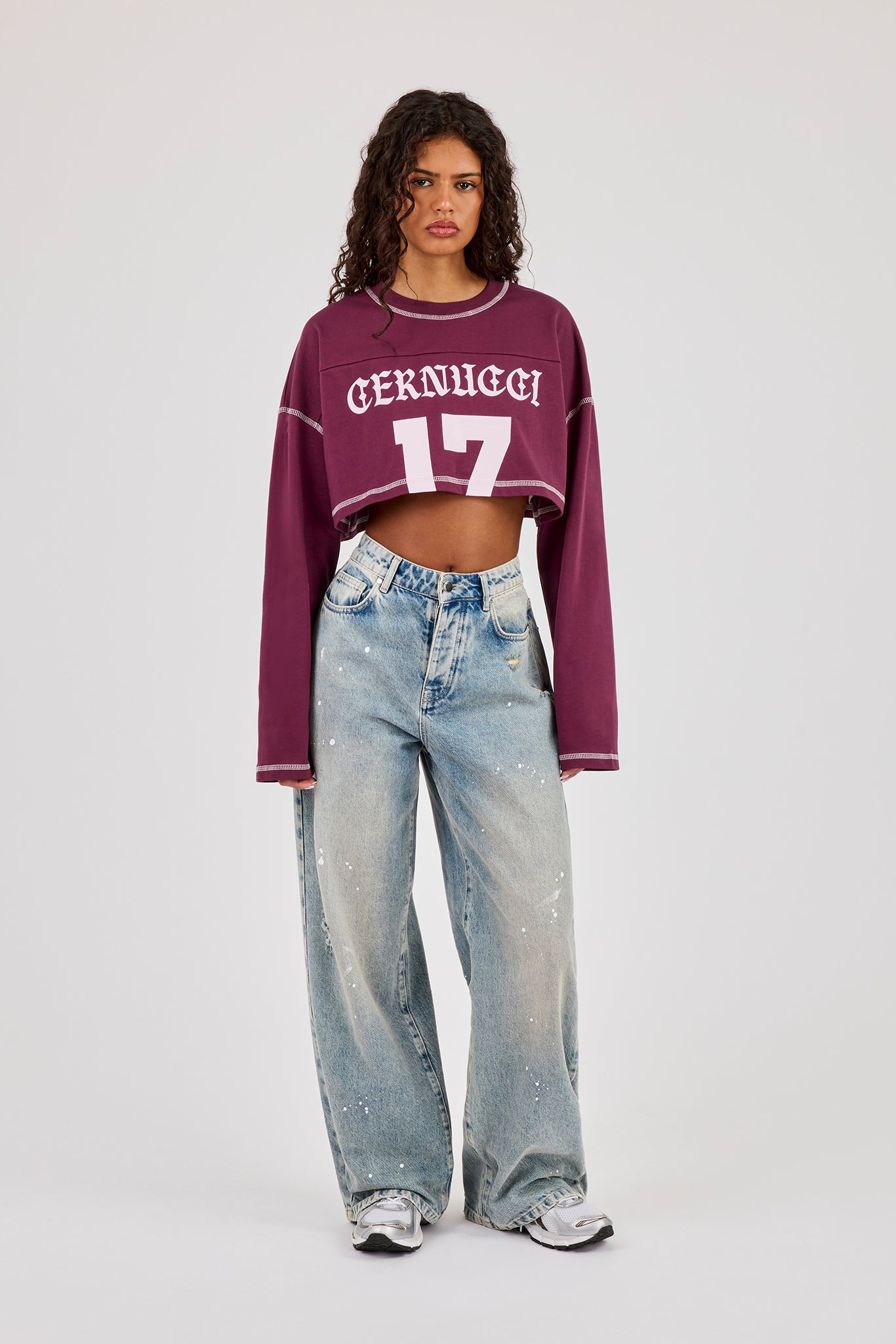 Cropped Long Sleeve Cernucci 17 T-Shirt - Burgundy