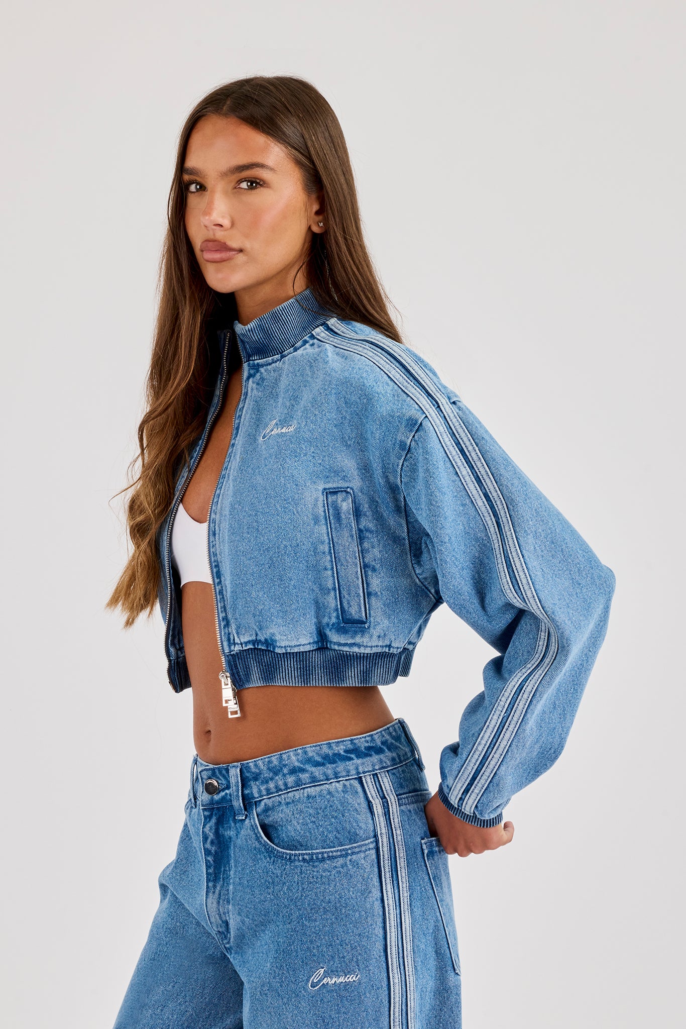 Denim Taping Bomber Jacket - Mid Blue