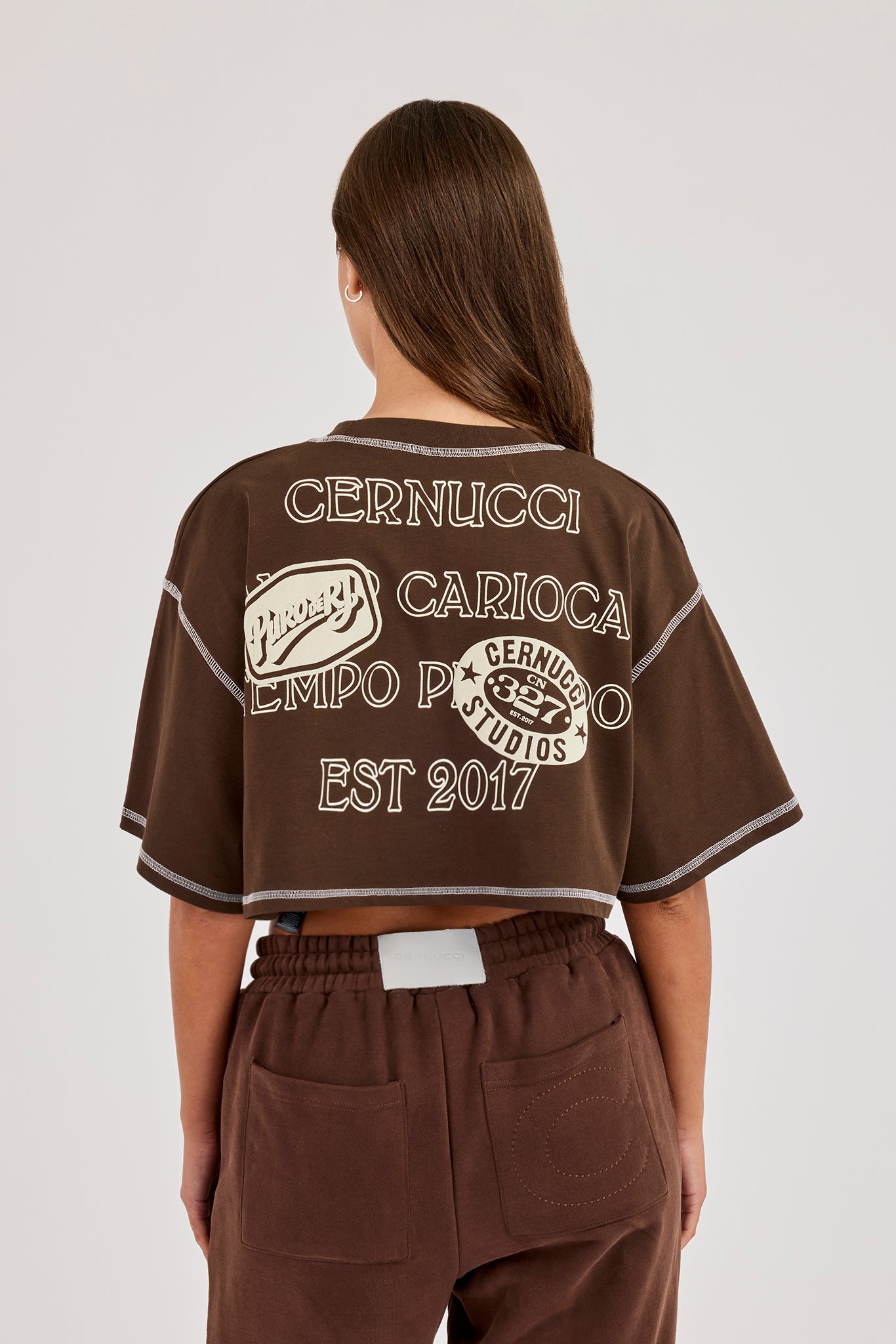 Cropped Contrast Stitch Sticker Back Print T-Shirt - Chocolate