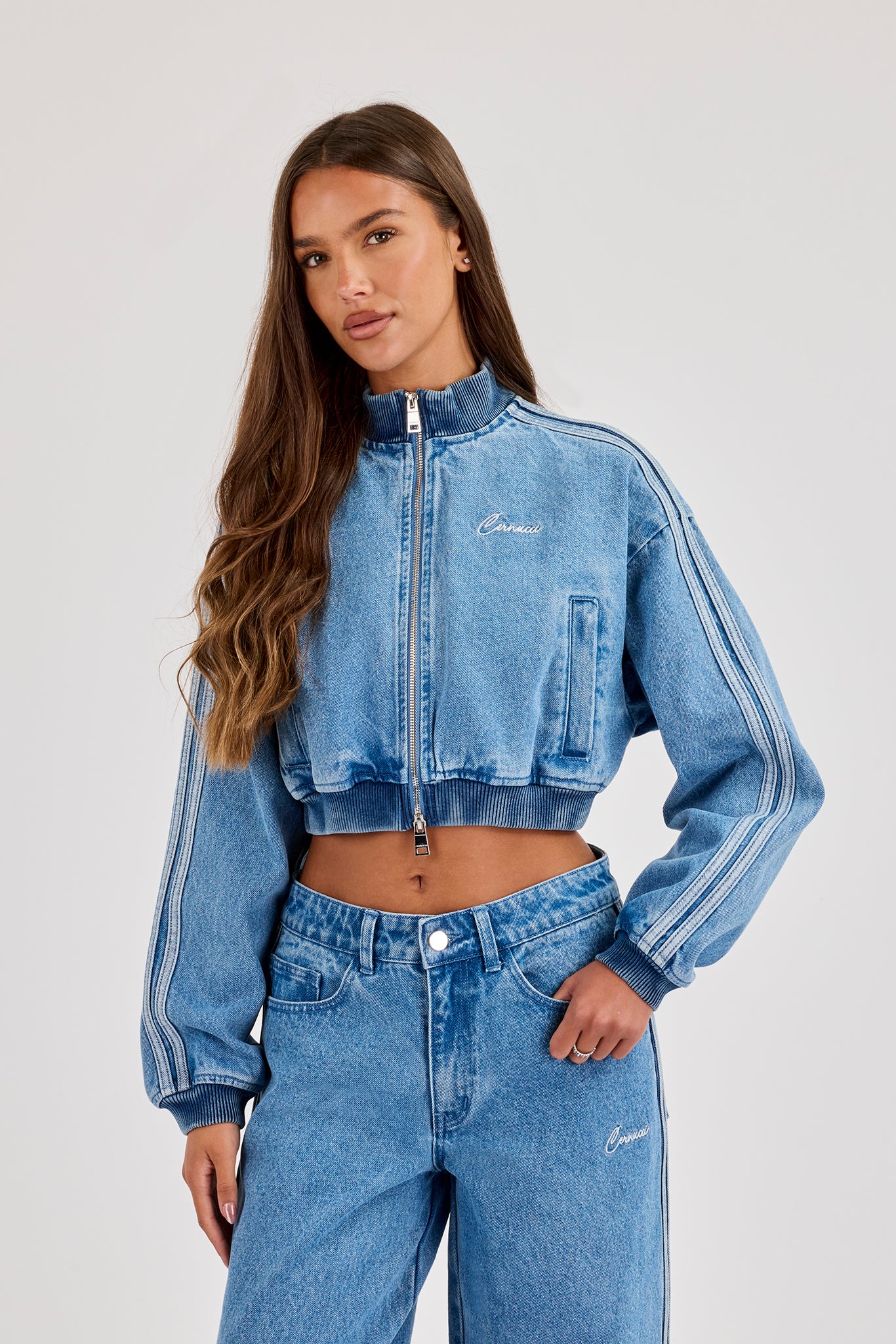 Denim Taping Bomber Jacket - Mid Blue