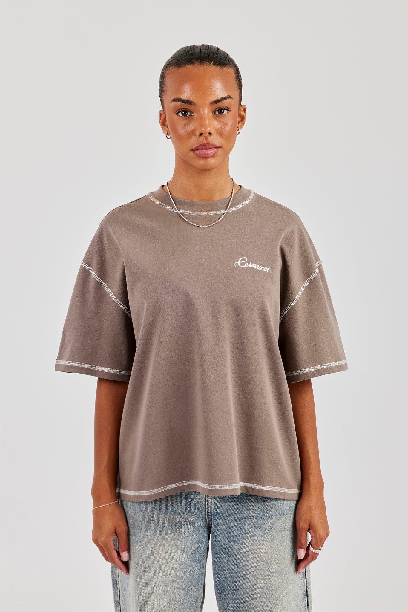 444 Cherub Contrast Stitch Oversized T-Shirt - Taupe