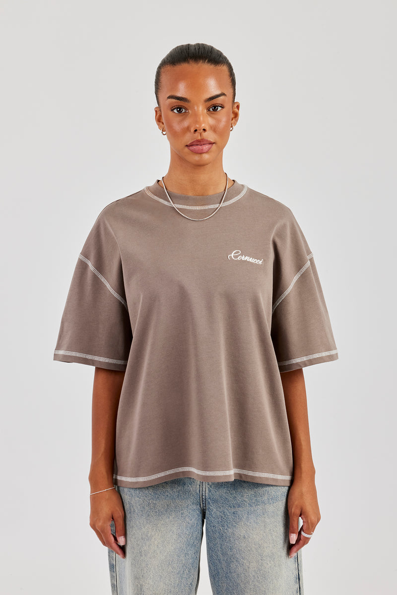 444 Cherub Contrast Stitch Oversized T-Shirt - Taupe