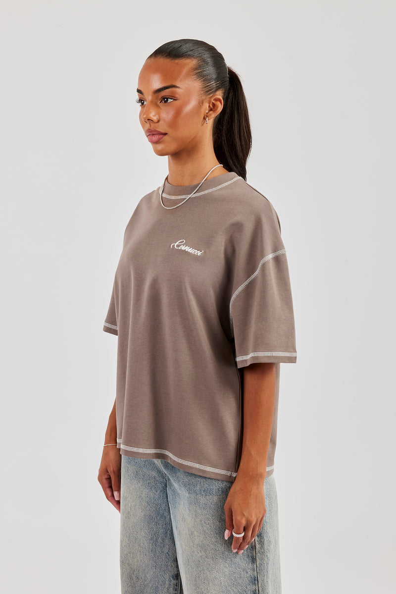 444 Cherub Contrast Stitch Oversized T-Shirt - Taupe