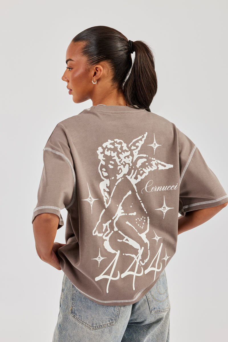 444 Cherub Contrast Stitch Oversized T-Shirt - Taupe