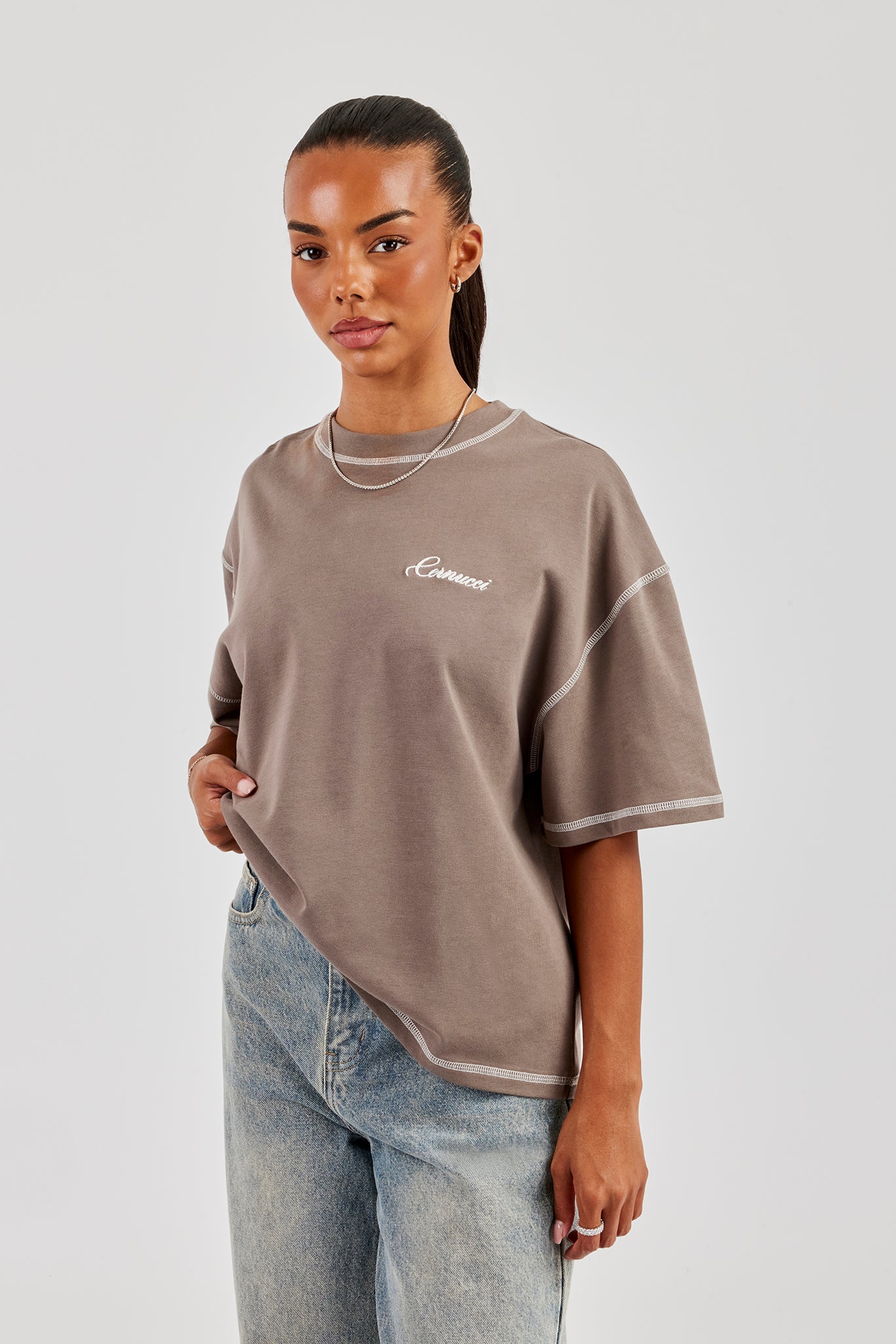444 Cherub Contrast Stitch Oversized T-Shirt - Taupe