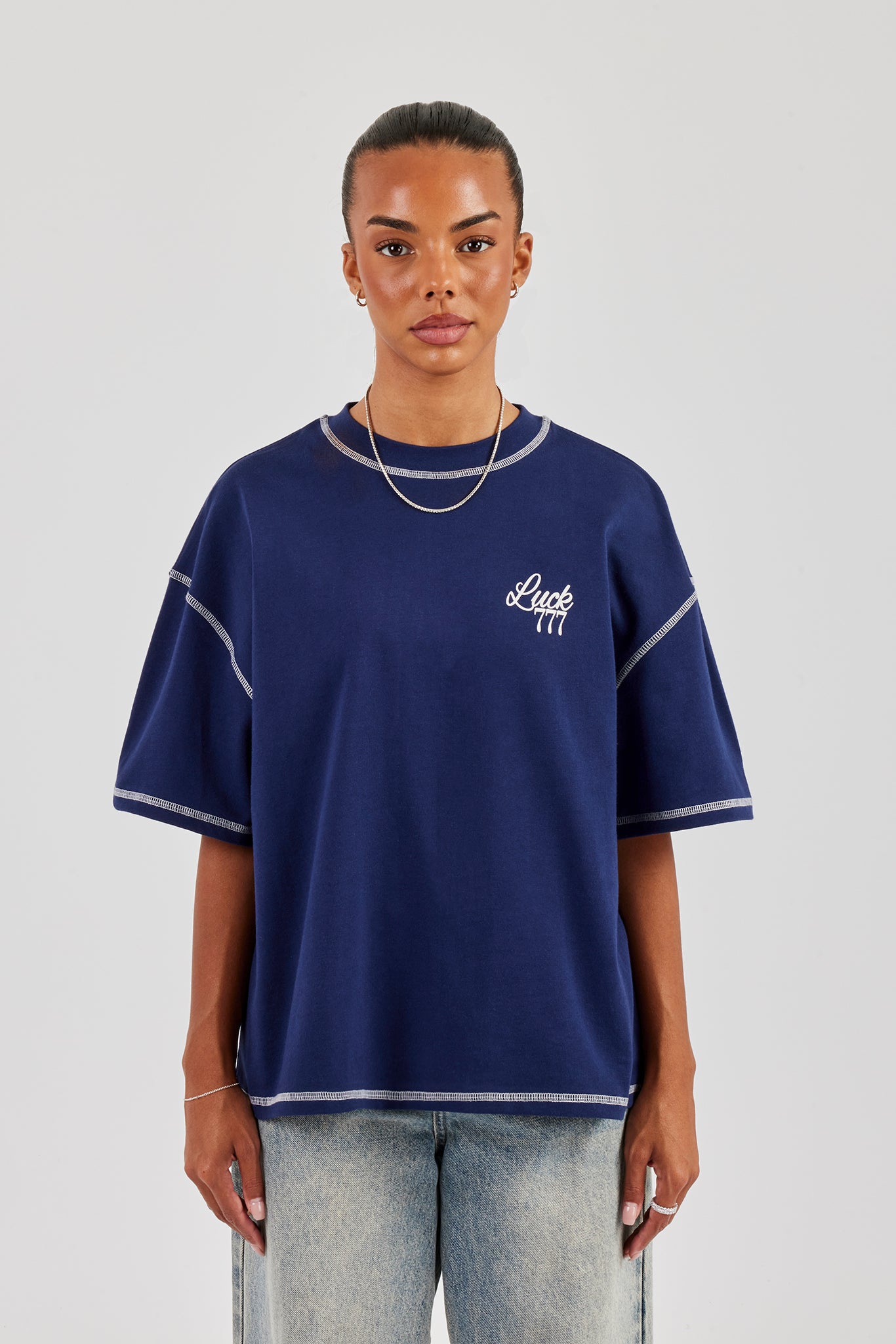 777 Luck Cherub Contrast Stitch Oversized T-Shirt - Navy Blue