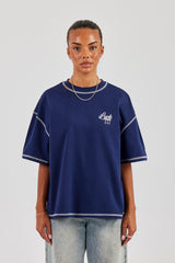 777 Luck Cherub Contrast Stitch Oversized T-Shirt - Navy Blue