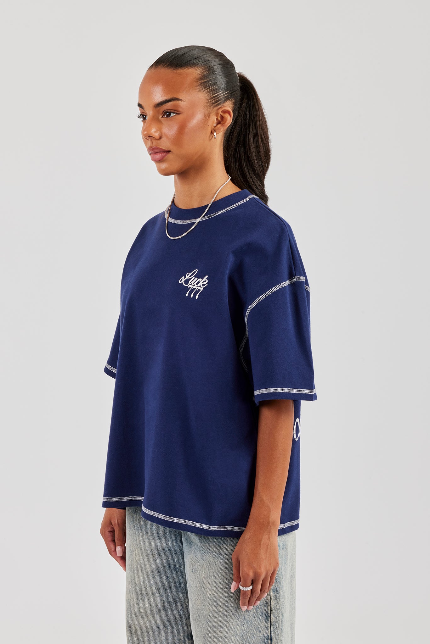 777 Luck Cherub Contrast Stitch Oversized T-Shirt - Navy Blue