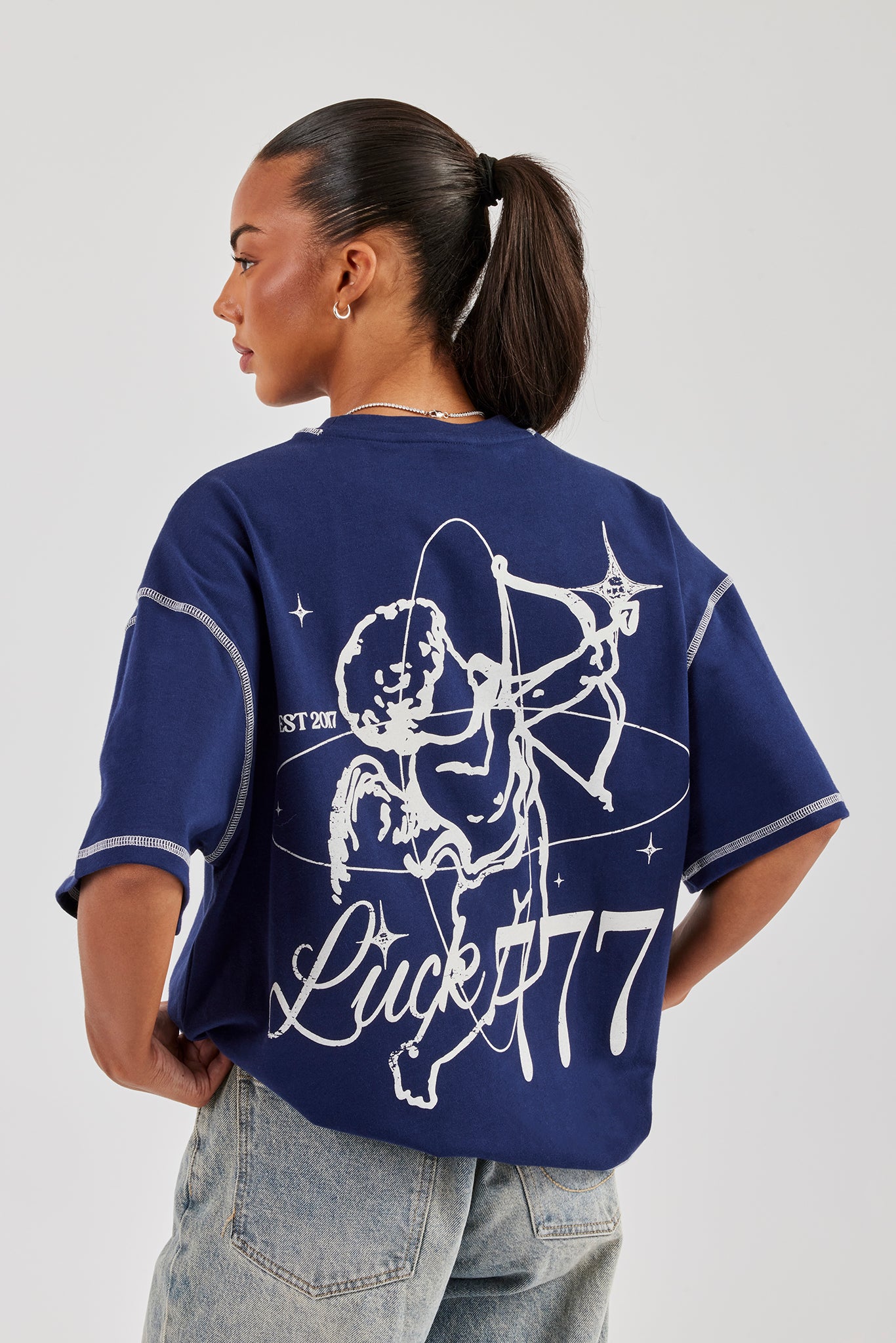 777 Luck Cherub Contrast Stitch Oversized T-Shirt - Navy Blue