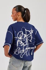 777 Luck Cherub Contrast Stitch Oversized T-Shirt - Navy Blue