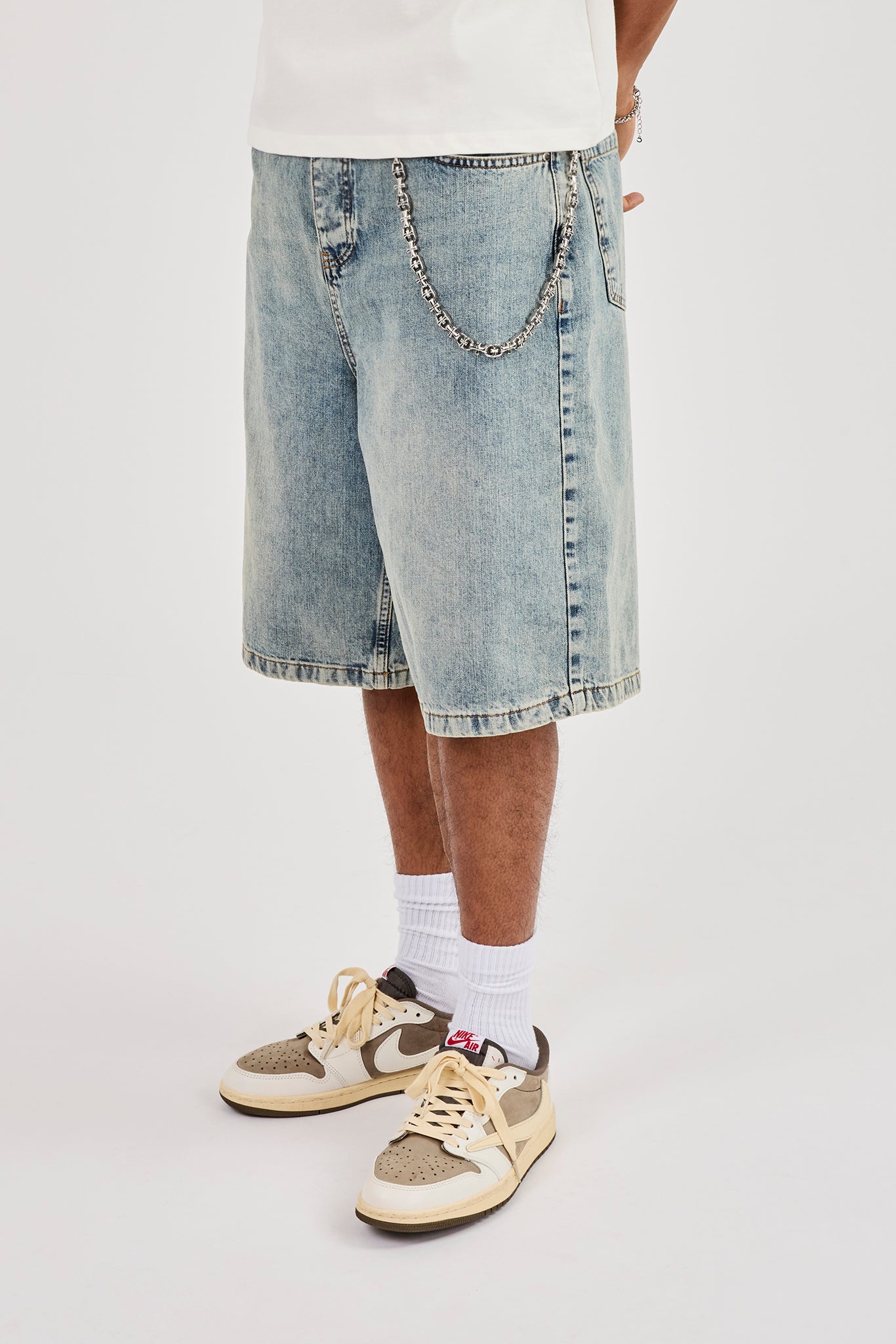 Denim Baggy Jort & 10mm Polished Multi Cross Polished Jean Chain - Antique Wash