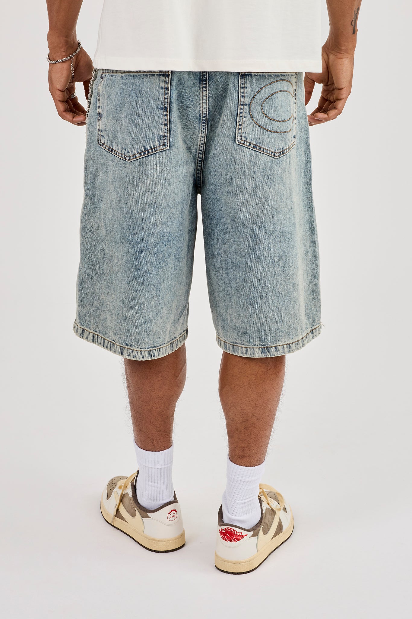 Denim Baggy Jort & 10mm Polished Multi Cross Polished Jean Chain - Antique Wash