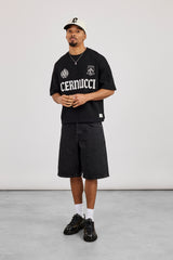 Kastenförmiges T-Shirt mit Waffelmuster – Schwarz