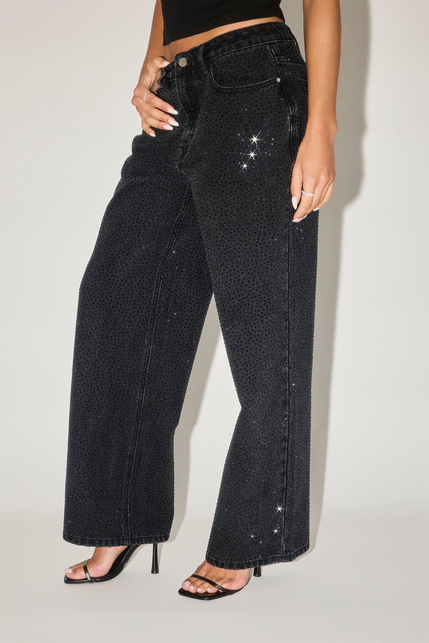 Rhinestone Baggy Low Rise Jean - Washed Black