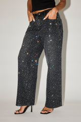 Strassbesetzte Baggy-Jeans mit niedrigem Bund – Verwaschenes Schwarz