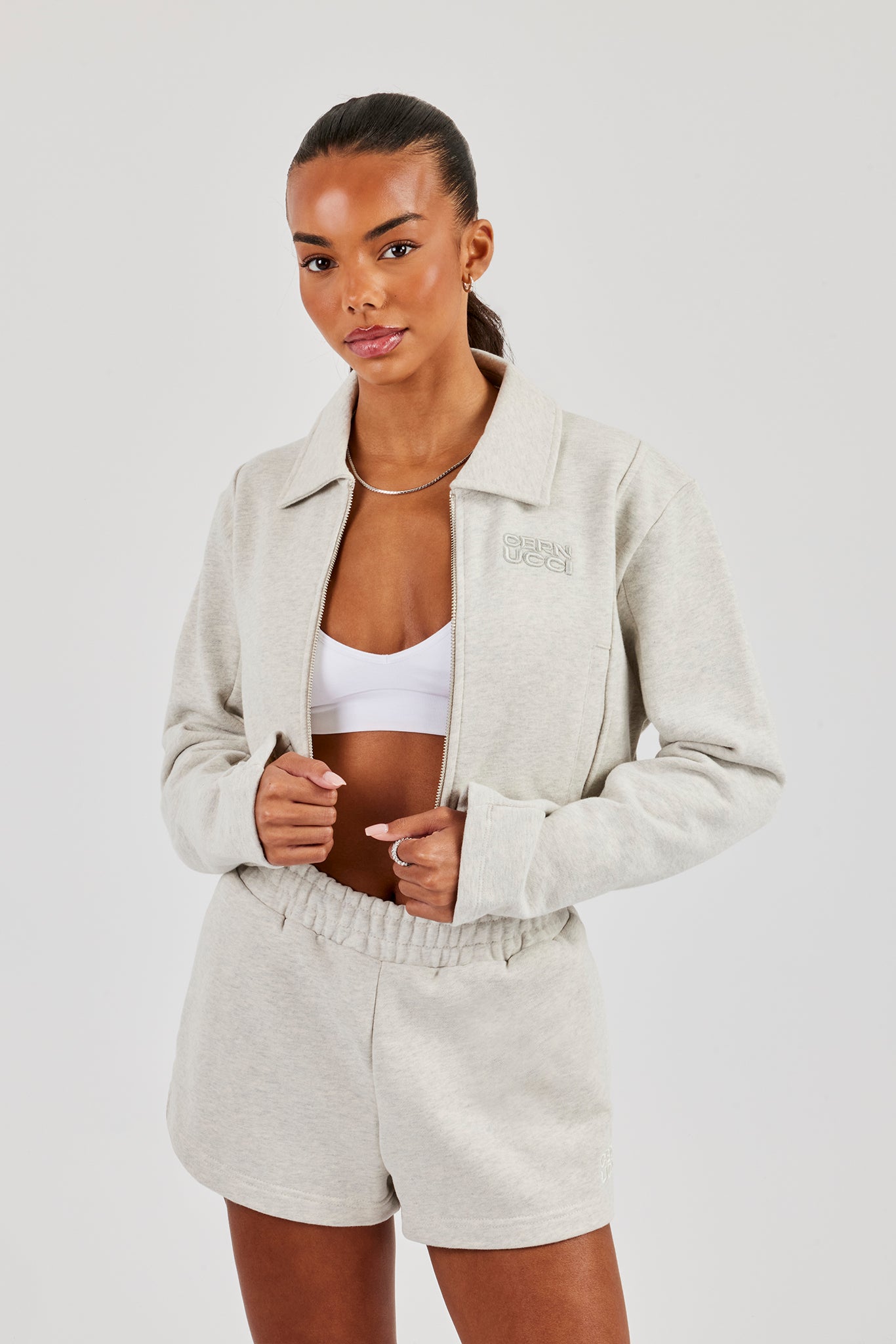 Tailored Harrington Jacket & Embroidered Short - Ash Grey | Womens