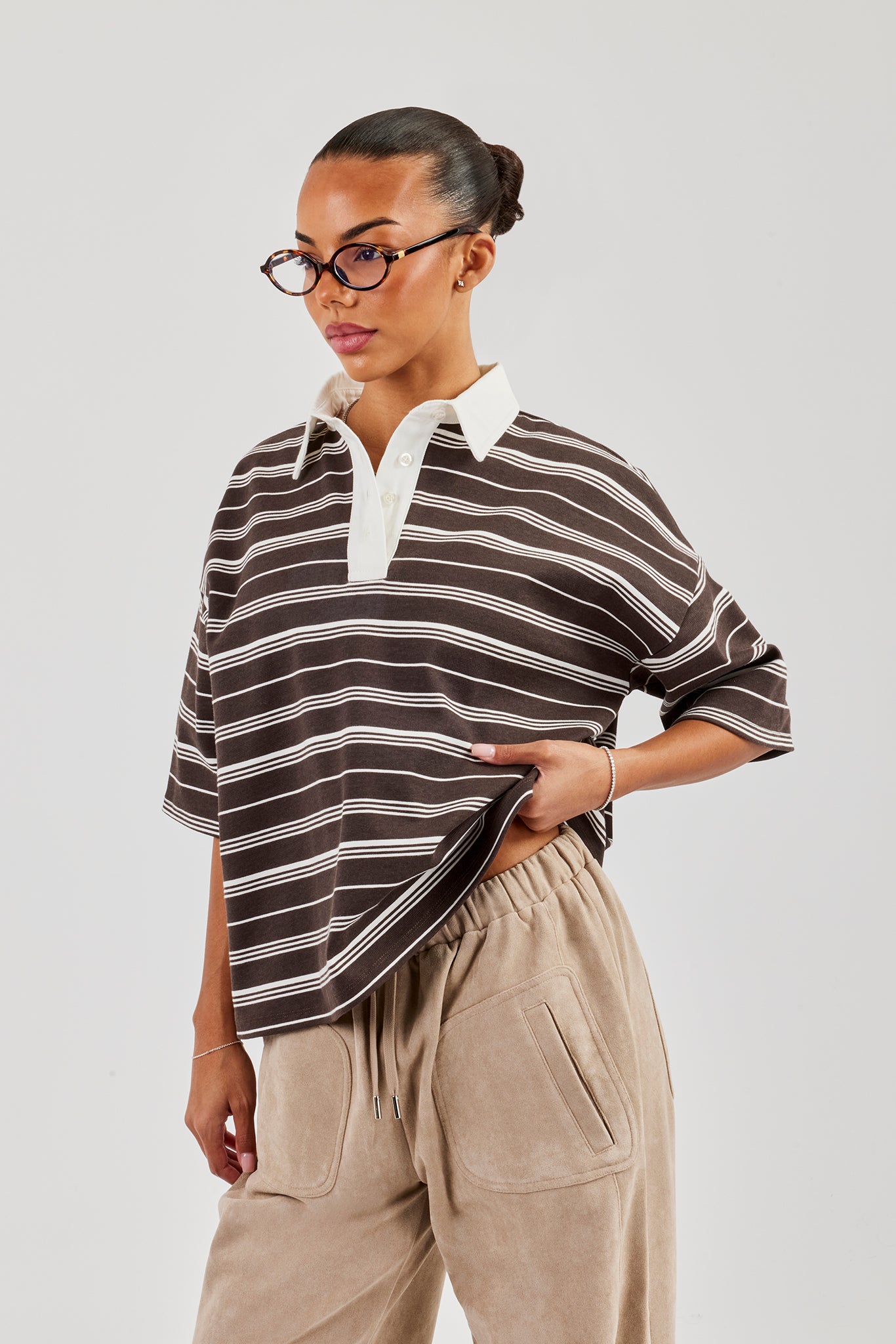 Oversized Stripe Short Sleeve Top - Chocolate