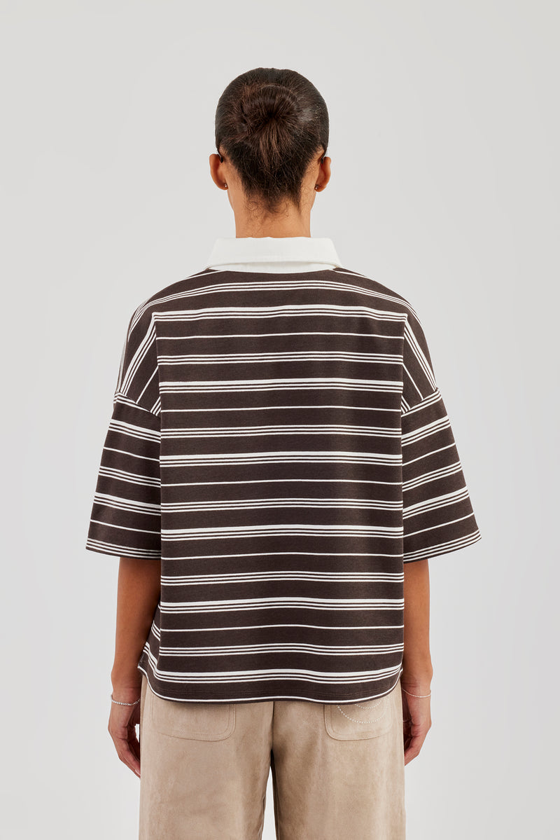 Oversized Stripe Short Sleeve Top - Chocolate