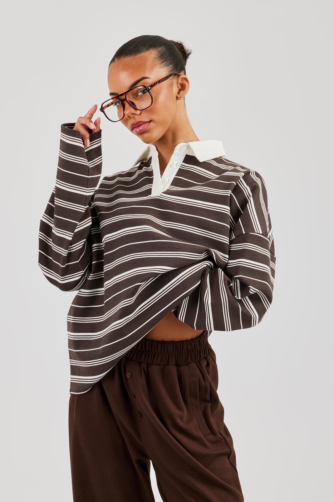 Oversized Stripe Long Sleeve Top - Chocolate | Womens Tees & Vests