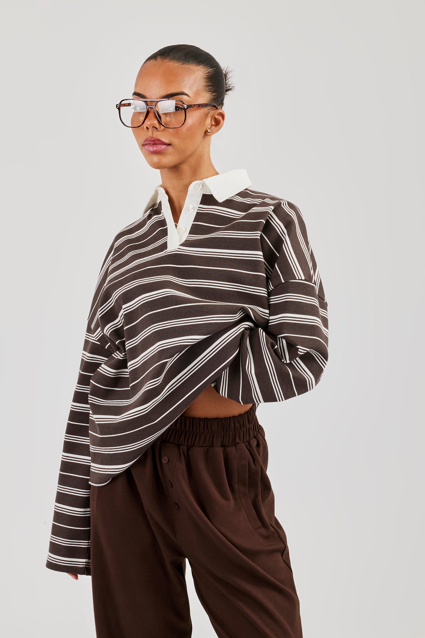 Oversized Stripe Long Sleeve Top - Chocolate | Womens Tees & Vests