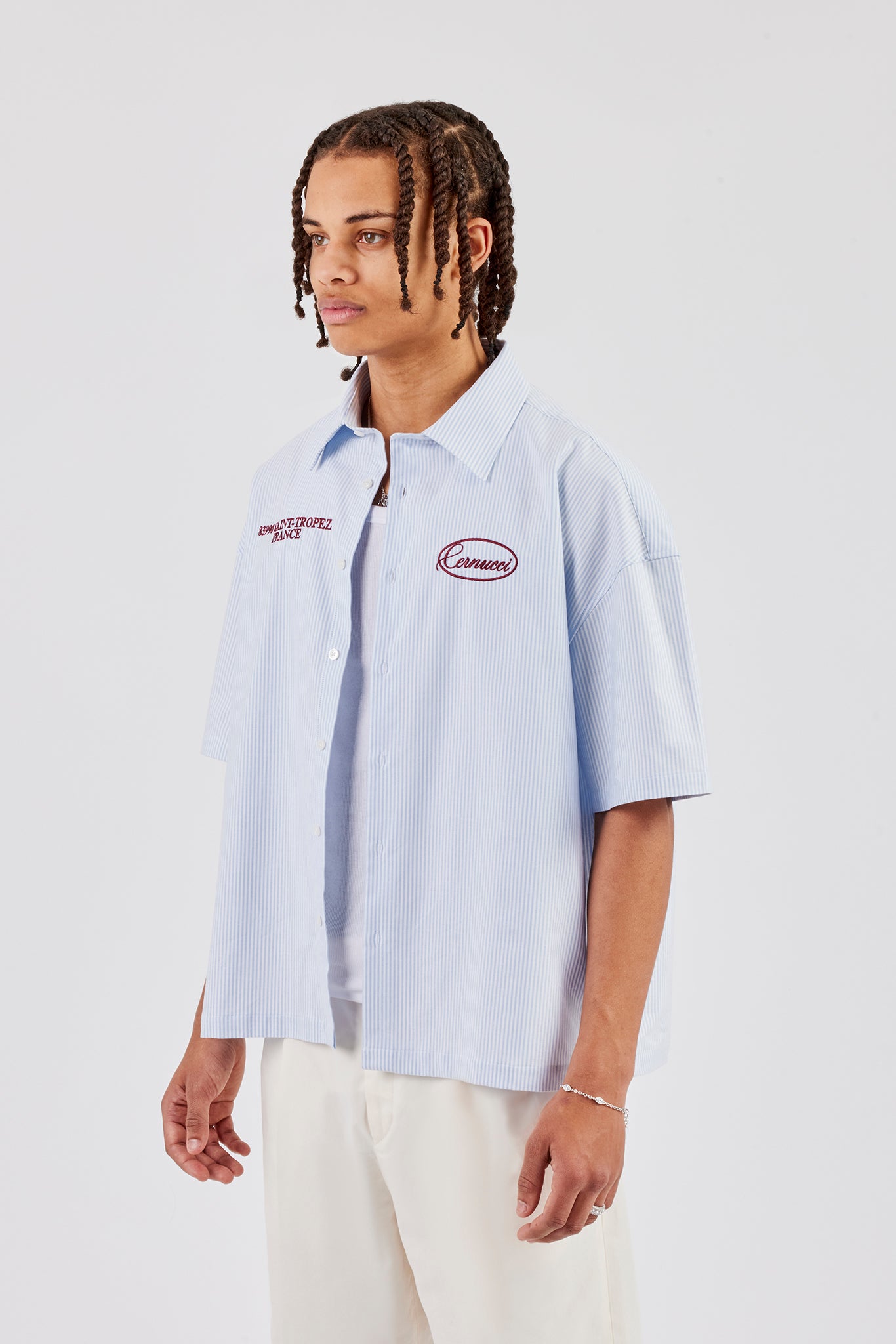 Boxy Stripe Short Sleeve Shirt - Blue