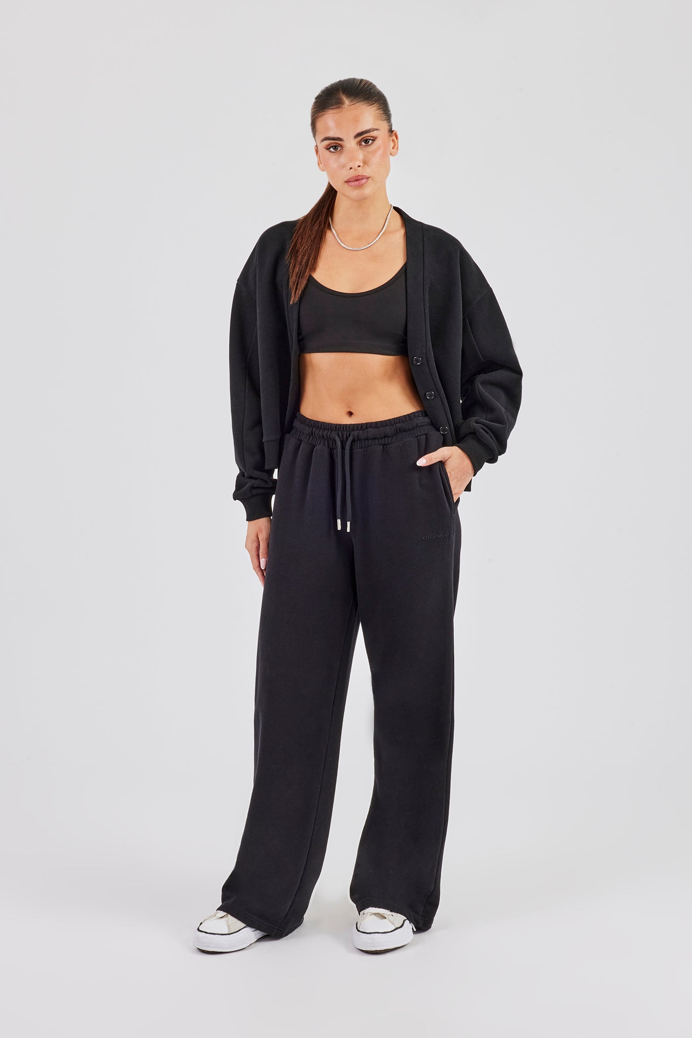 Jersey Boxy Cardigan & Wide Leg Jogger - Black