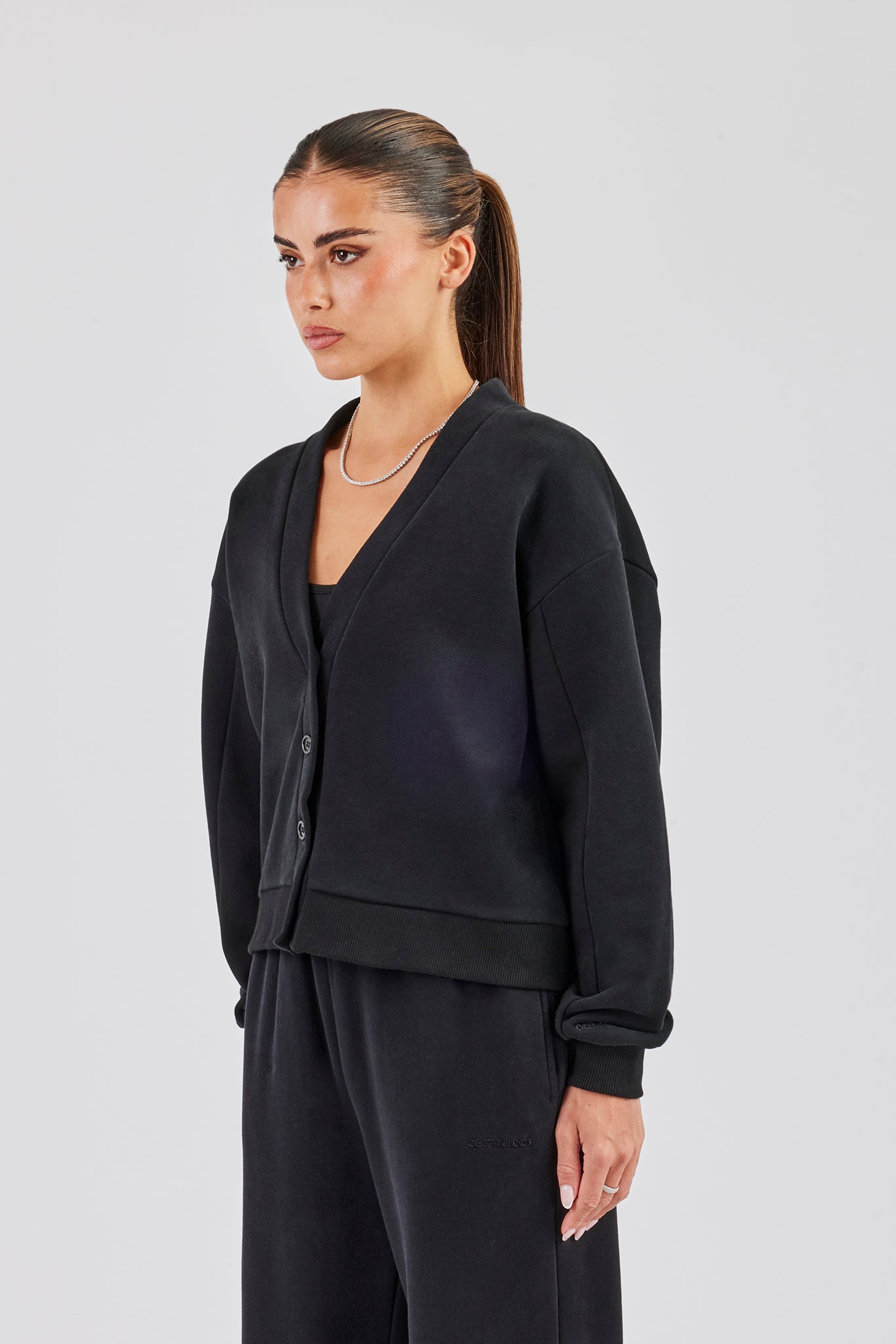 Jersey Boxy Cardigan & Wide Leg Jogger - Black