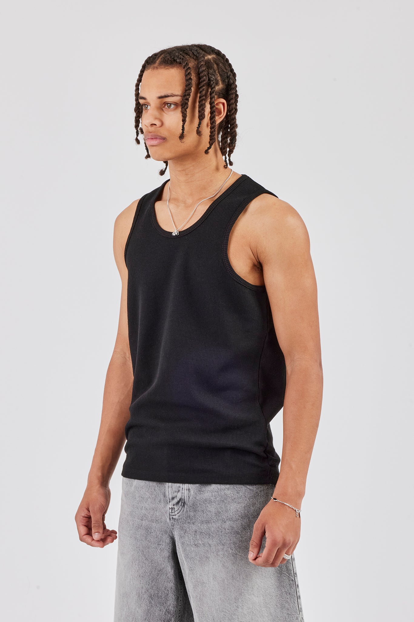 Waffle Vest Top - Black