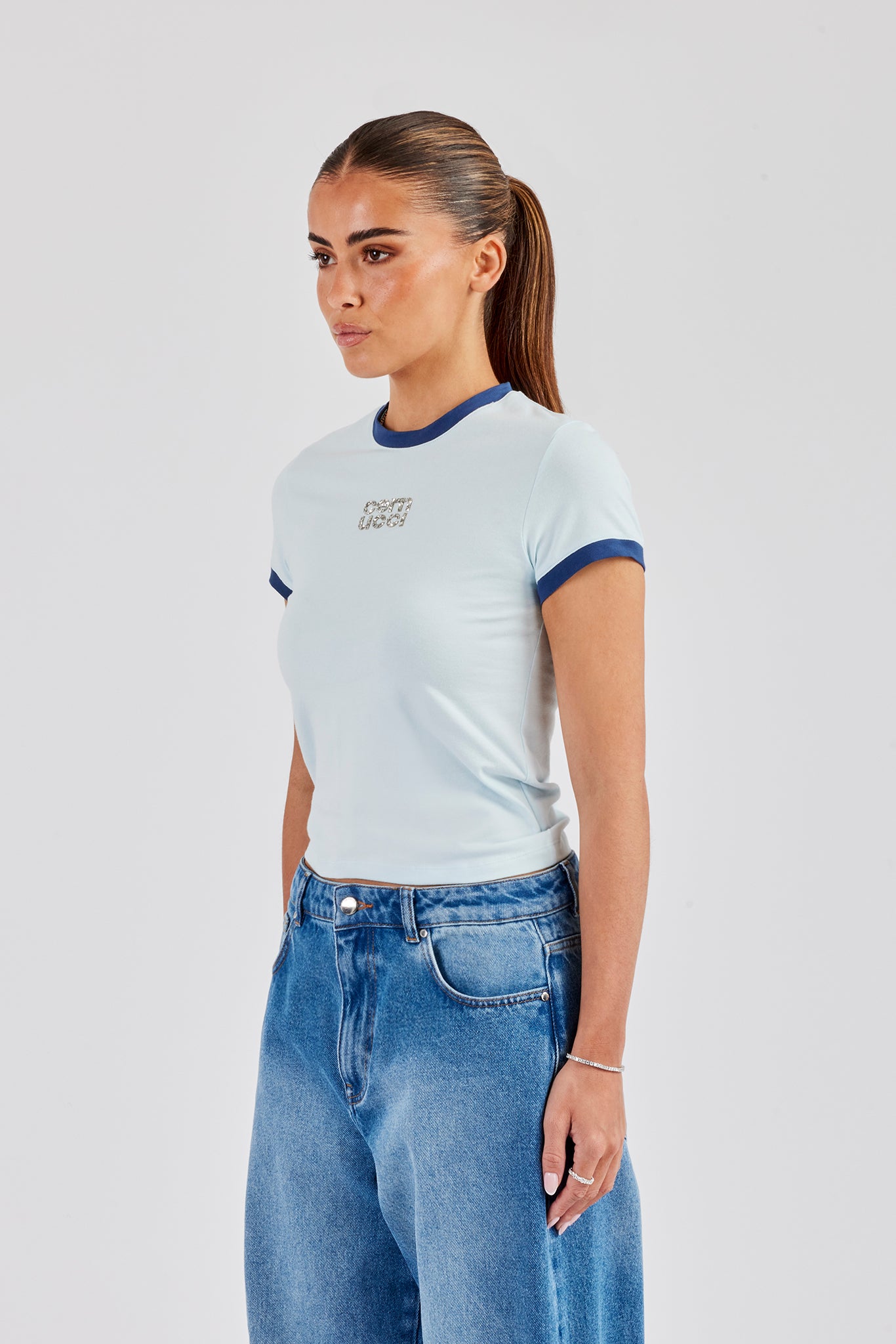 Glitter Applique Contrast Baby Tee - Baby Blue