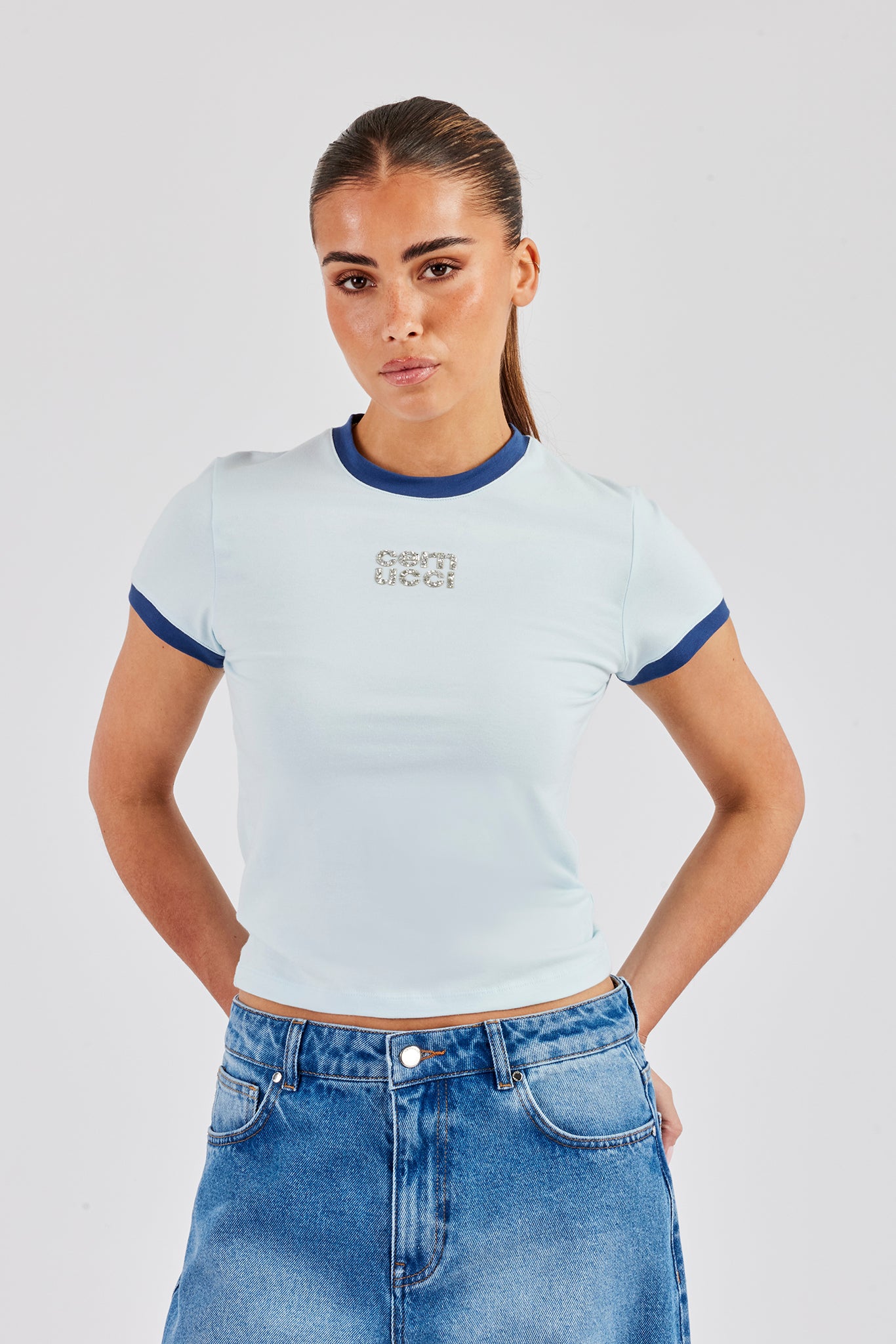 Glitter Applique Contrast Baby Tee - Baby Blue