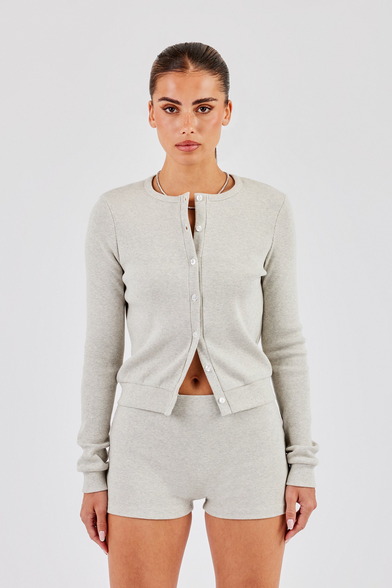 Rib Button Up Top - Grey | Womens Hoodies & Sweats | Shop