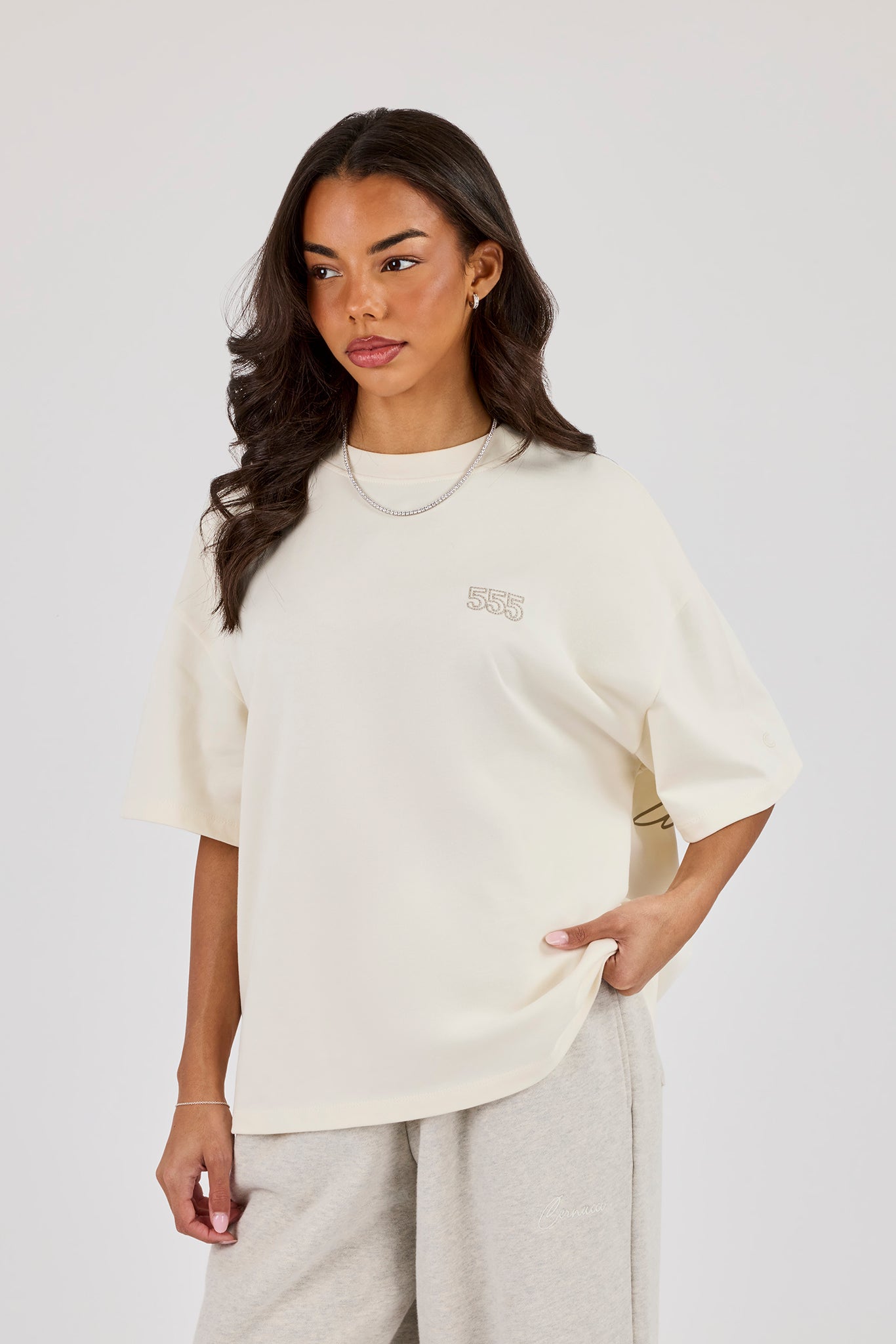 555 Embroidered Oversized T-Shirt - Off White | Womens Tees