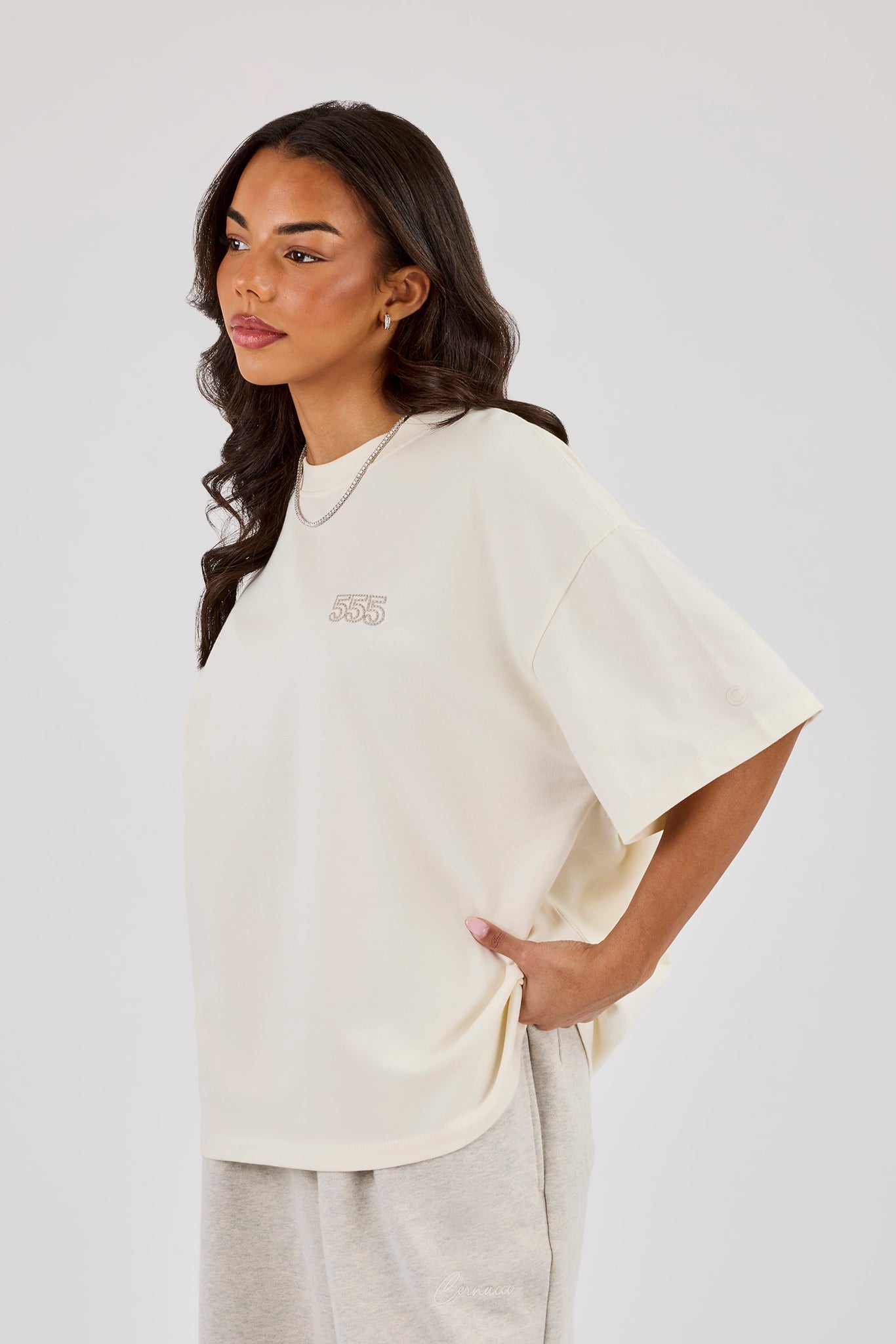 555 Embroidered Oversized T-Shirt - Off White | Womens Tees