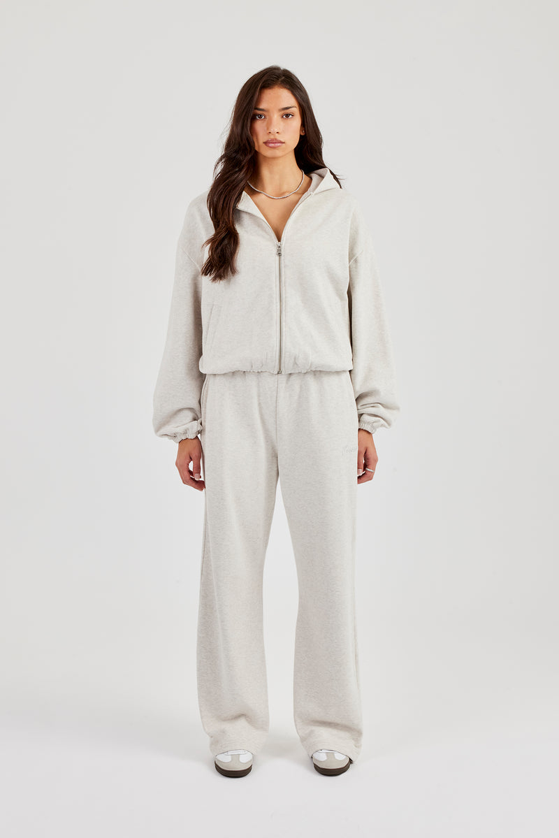 Towelling Applique Zip Hoodie & Wide Leg Jogger - Grey Marl