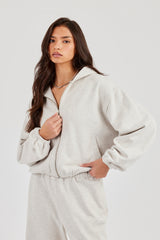 Towelling Applique Zip Hoodie - Grey Marl