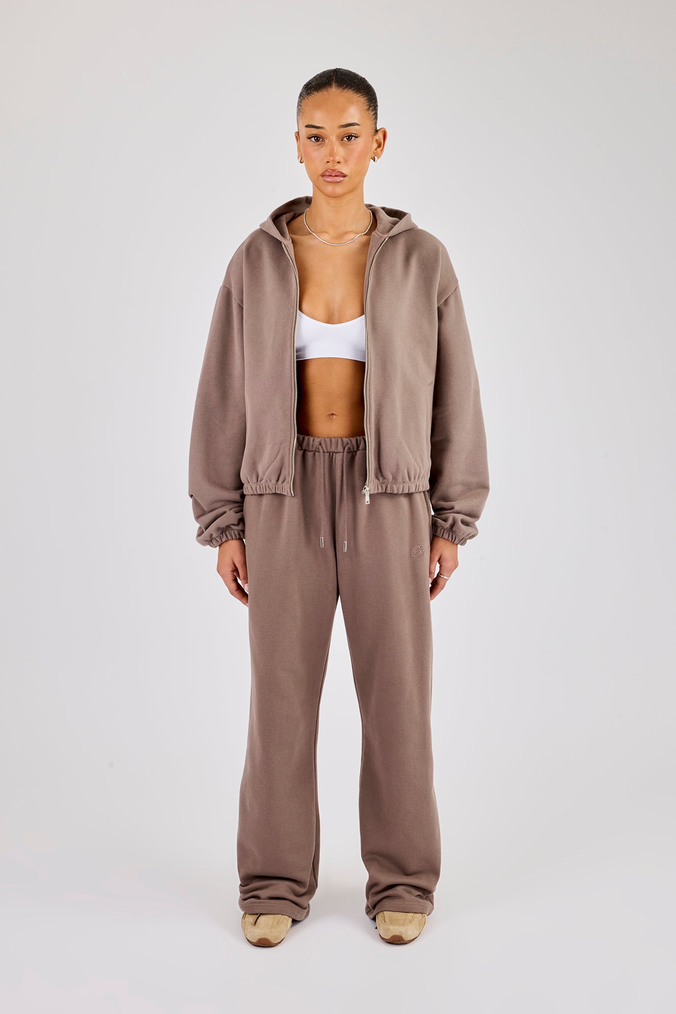 Towelling Applique Zip Hoodie - Taupe