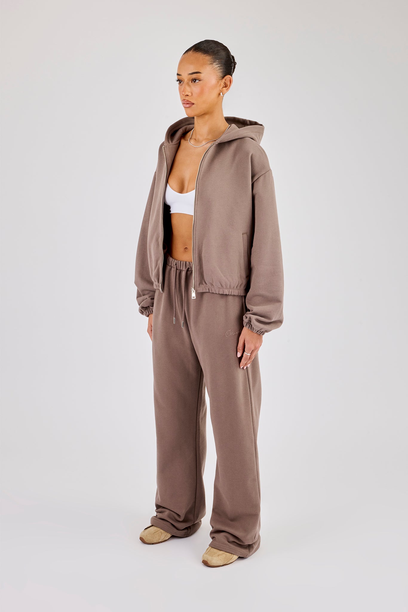 Towelling Applique Zip Tracksuit - Taupe | Womens Sets | Shop