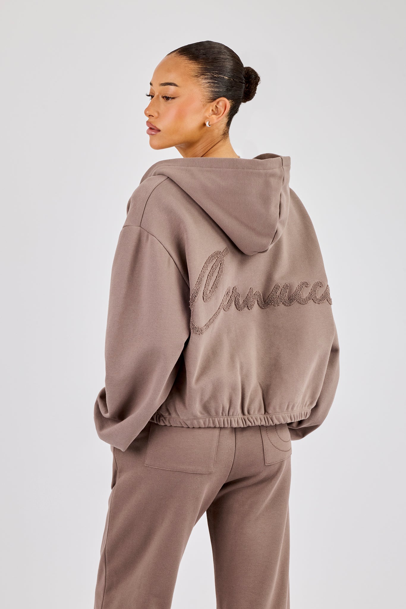 Towelling Applique Zip Hoodie - Taupe