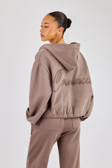 Towelling Applique Zip Hoodie - Taupe